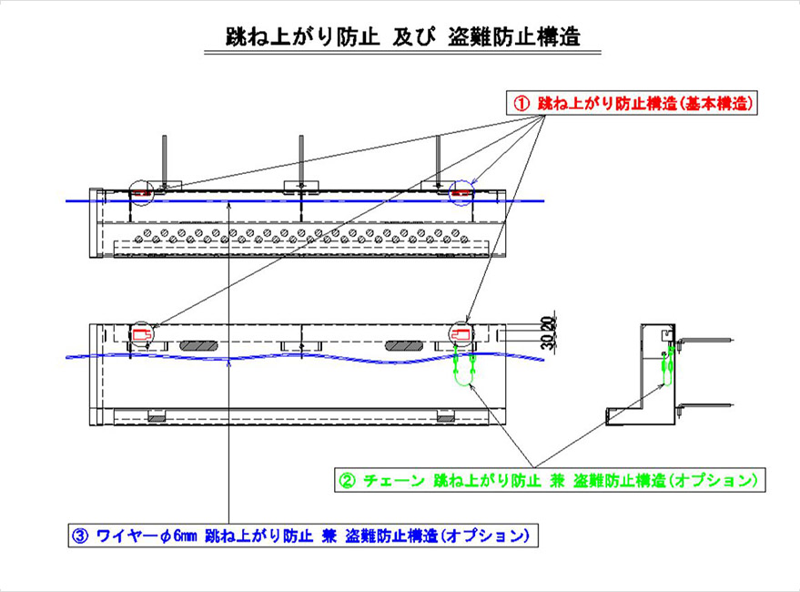 跳ね上がり防止　及び　盗難防止構造